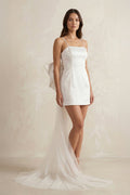 Spaghetti Straps Sheath Bow Wedding Dress With Tulle Train in White - SHE IS ME Wedding Dresses