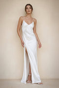 Spaghetti Straps Sheath Satin Wedding Dress With Slit in White - SHE IS ME Wedding Dresses