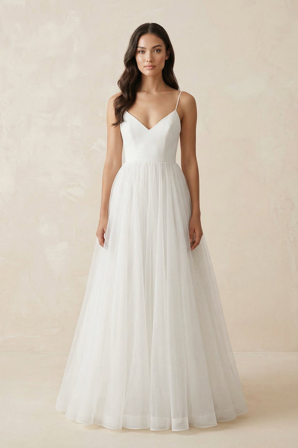 Spaghetti Straps Tulle A - Line Wedding Dress in White - SHE IS ME Wedding Dresses