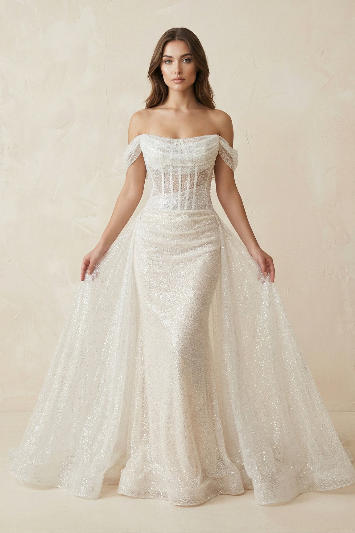 Sparkly Sequined Off - the - Shoulder Mermaid Corset Wedding Dress in Ivory - SHE IS ME Wedding Dresses