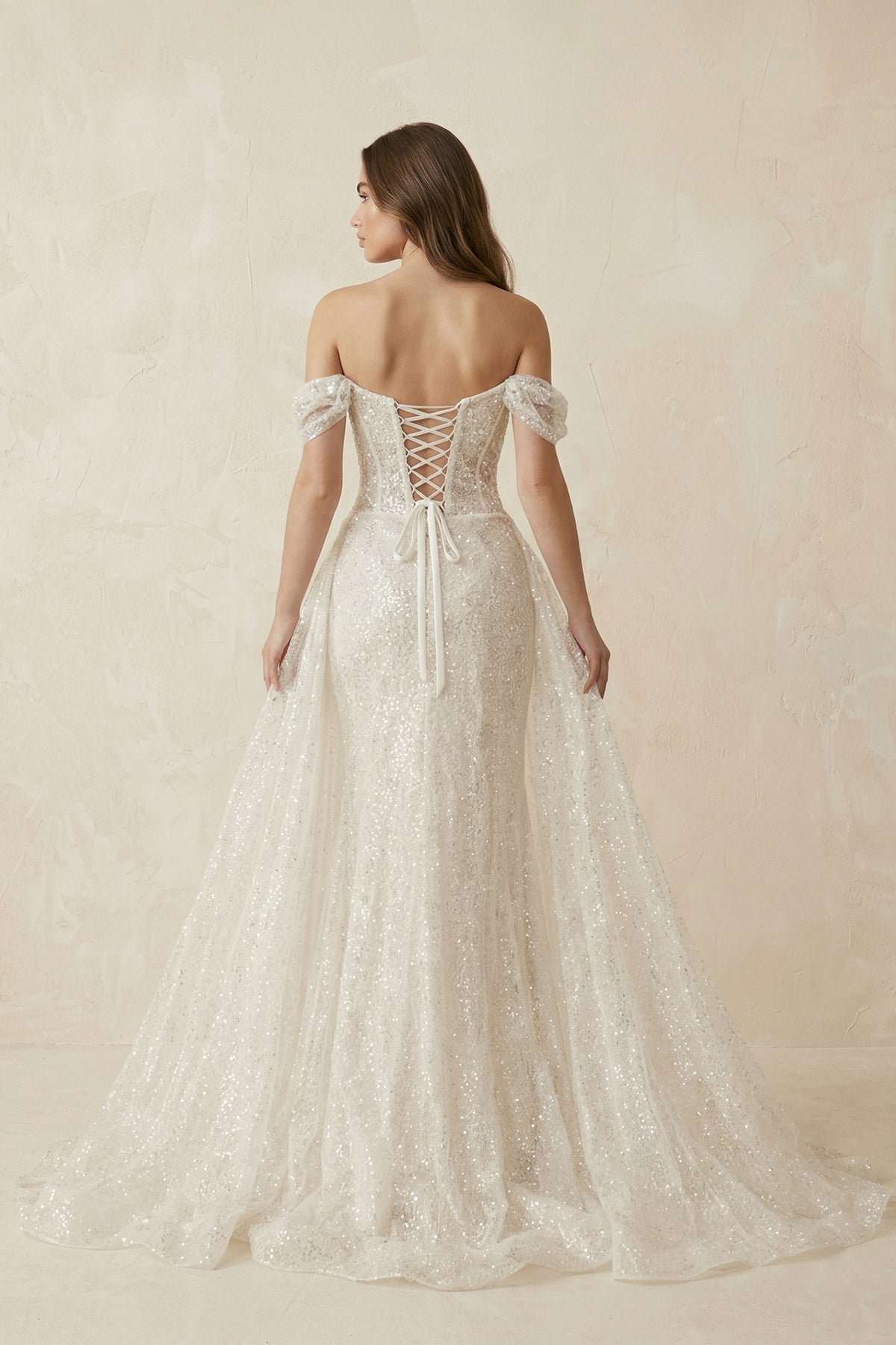 Sparkly Sequined Off - the - Shoulder Mermaid Corset Wedding Dress in Ivory - SHE IS ME Wedding Dresses