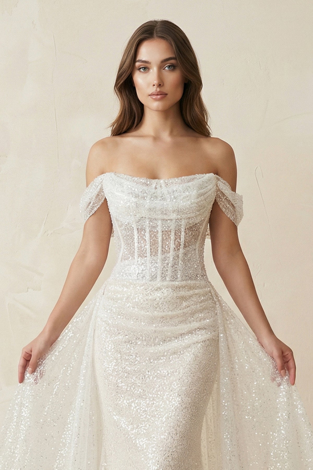 Sparkly Sequined Off - the - Shoulder Mermaid Corset Wedding Dress in Ivory - SHE IS ME Wedding Dresses