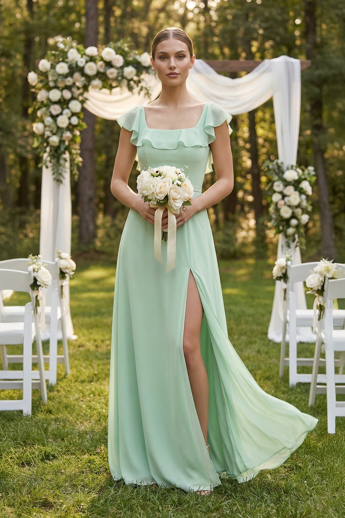 Square Neck A - Line Bridesmaid Dress with Ruffles - SHE IS ME Bridesmaid Dresses