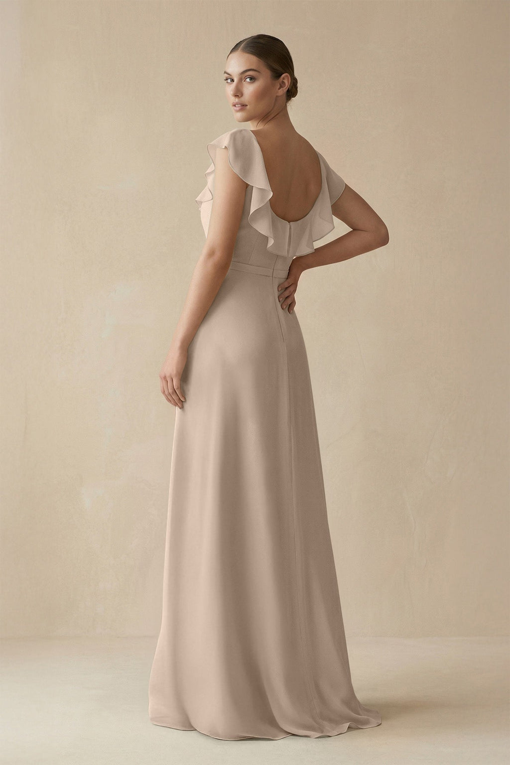 Square Neck A - Line Bridesmaid Dress with Ruffles in Almond - SHE IS ME Bridesmaid Dresses