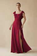 Square Neck A - Line Bridesmaid Dress with Ruffles in Berry - SHE IS ME Bridesmaid Dresses