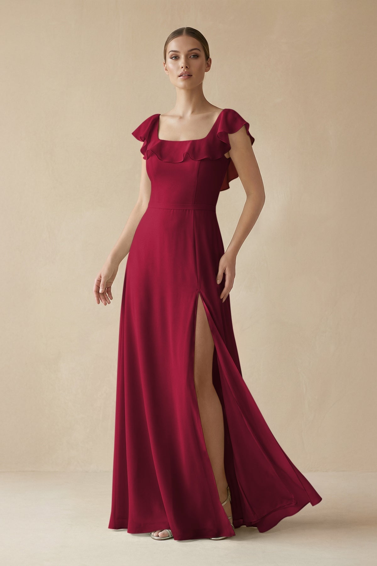 Square Neck A - Line Bridesmaid Dress with Ruffles in Berry - SHE IS ME Bridesmaid Dresses