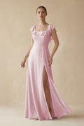 Square Neck A - Line Bridesmaid Dress with Ruffles in Candy Pink - SHE IS ME Bridesmaid Dresses