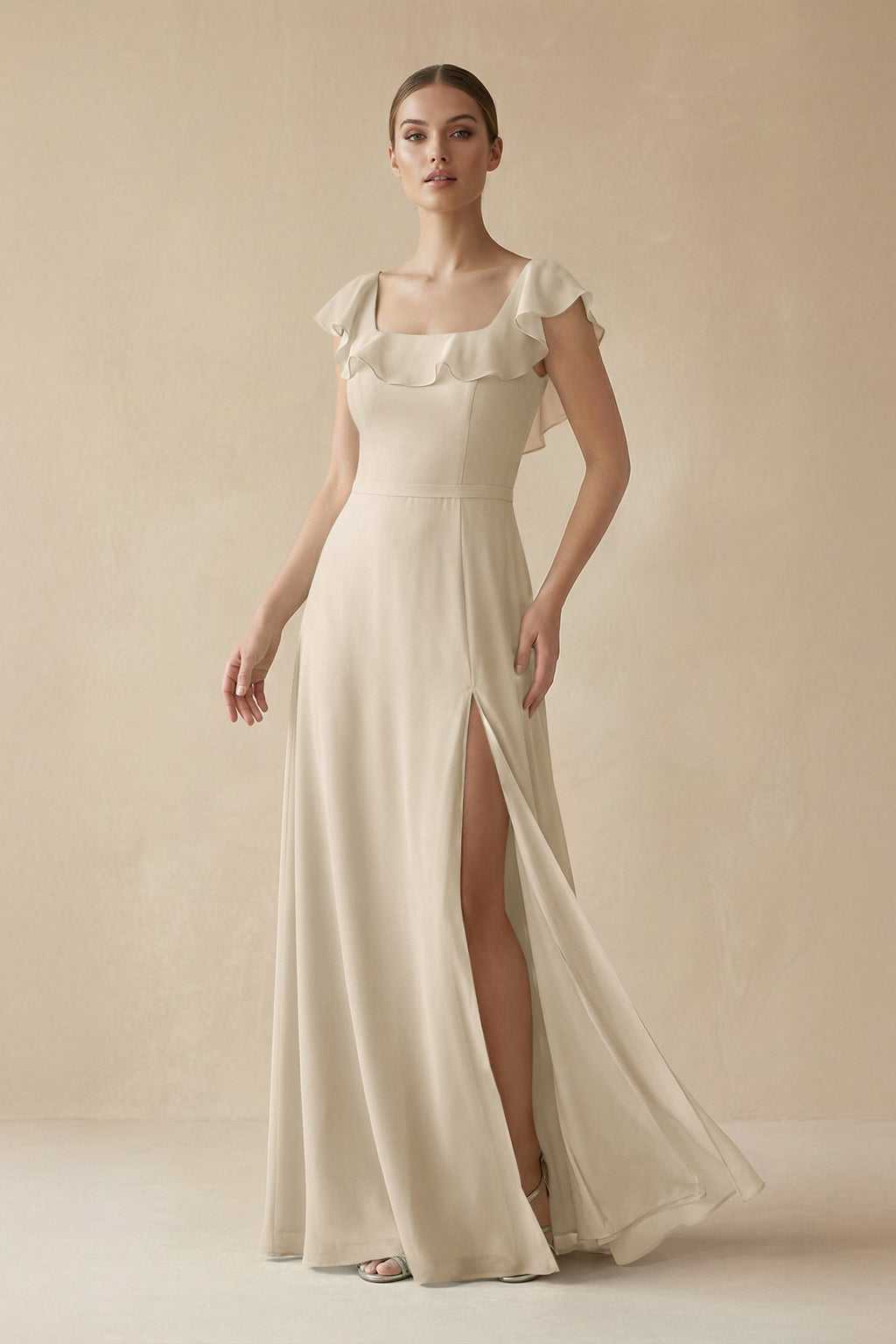 Square Neck A - Line Bridesmaid Dress with Ruffles in Champagne - SHE IS ME Bridesmaid Dresses