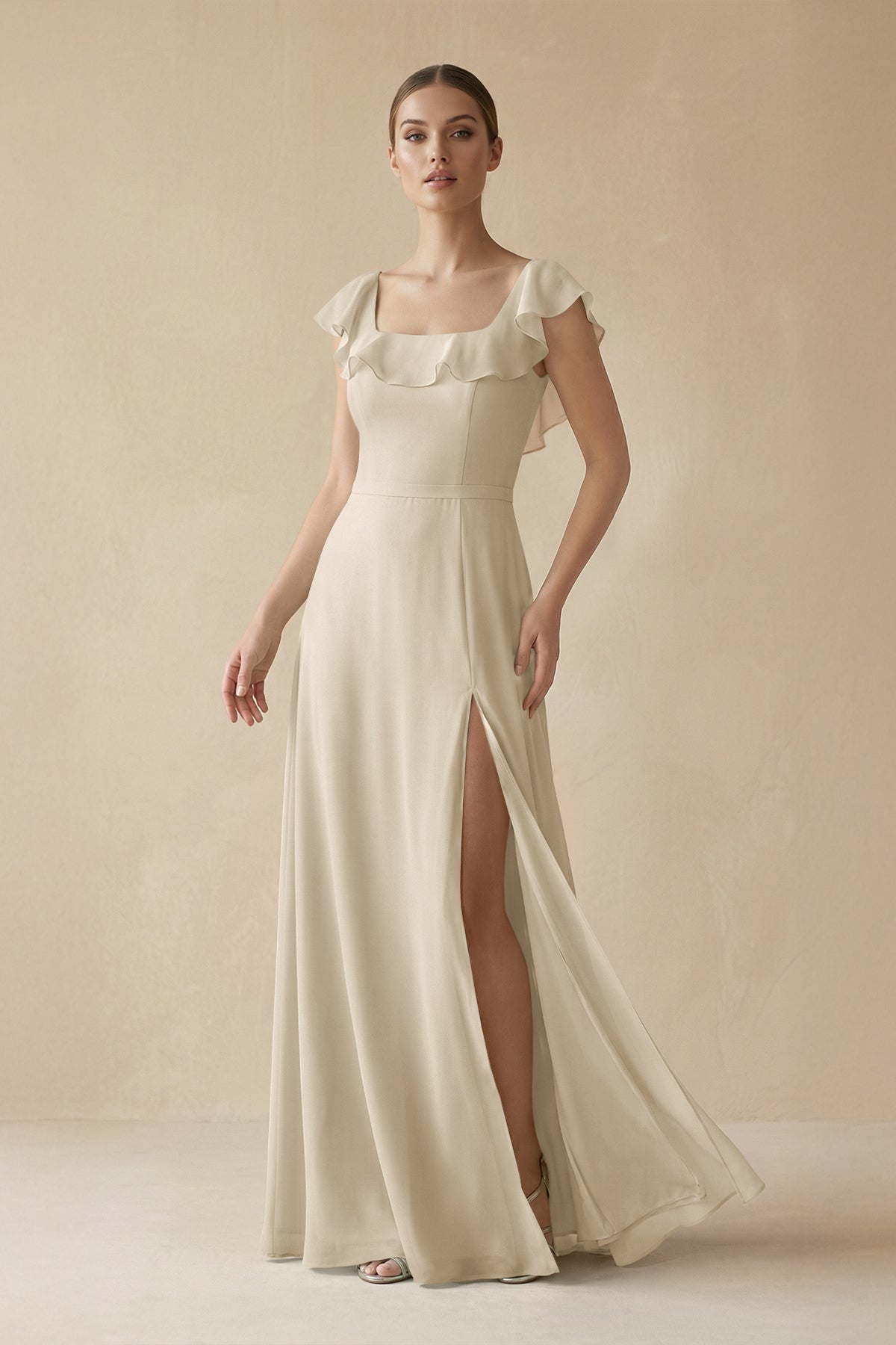 Square Neck A - Line Bridesmaid Dress with Ruffles in Champagne - SHE IS ME Bridesmaid Dresses