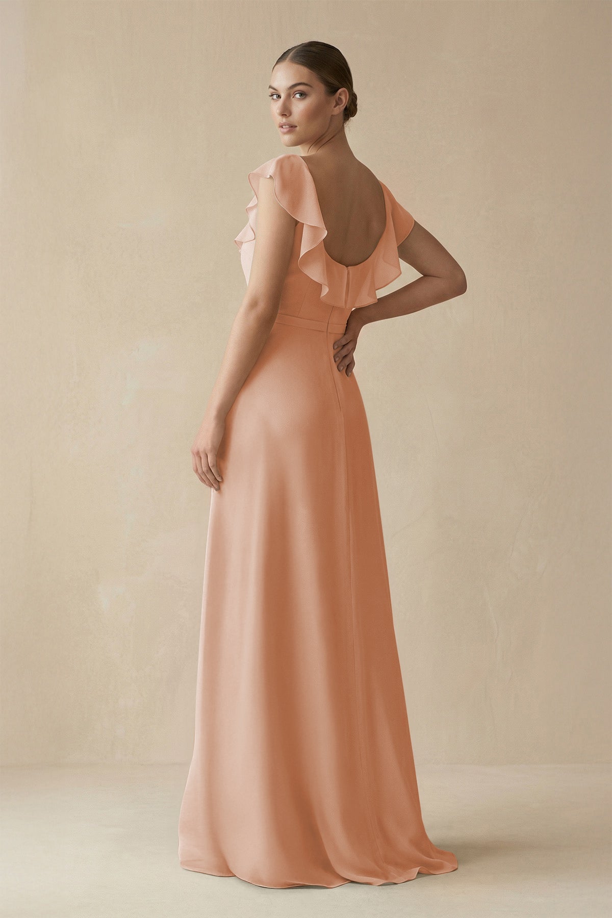 Square Neck A - Line Bridesmaid Dress with Ruffles in Champagne Rose - SHE IS ME Bridesmaid Dresses