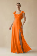 Square Neck A - Line Bridesmaid Dress with Ruffles in Cinnamon - SHE IS ME Bridesmaid Dresses