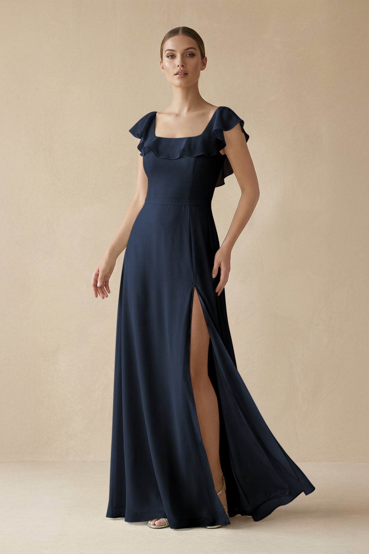 Square Neck A - Line Bridesmaid Dress with Ruffles in Dark Navy - SHE IS ME Bridesmaid Dresses