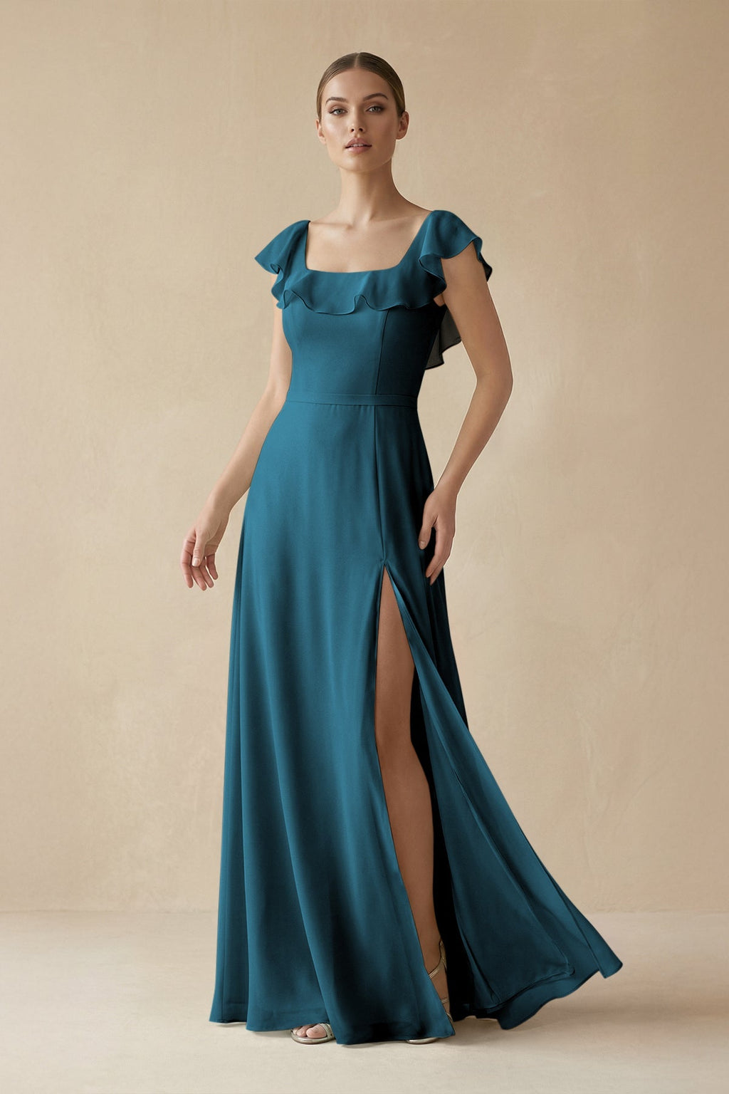 Square Neck A - Line Bridesmaid Dress with Ruffles in Dark Teal - SHE IS ME Bridesmaid Dresses