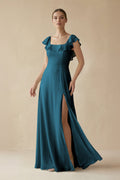 Square Neck A - Line Bridesmaid Dress with Ruffles in Dark Teal - SHE IS ME Bridesmaid Dresses