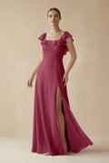 Square Neck A - Line Bridesmaid Dress with Ruffles in Desert Rose - SHE IS ME Bridesmaid Dresses