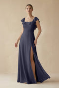 Square Neck A - Line Bridesmaid Dress with Ruffles in Dusk Blue - SHE IS ME Bridesmaid Dresses