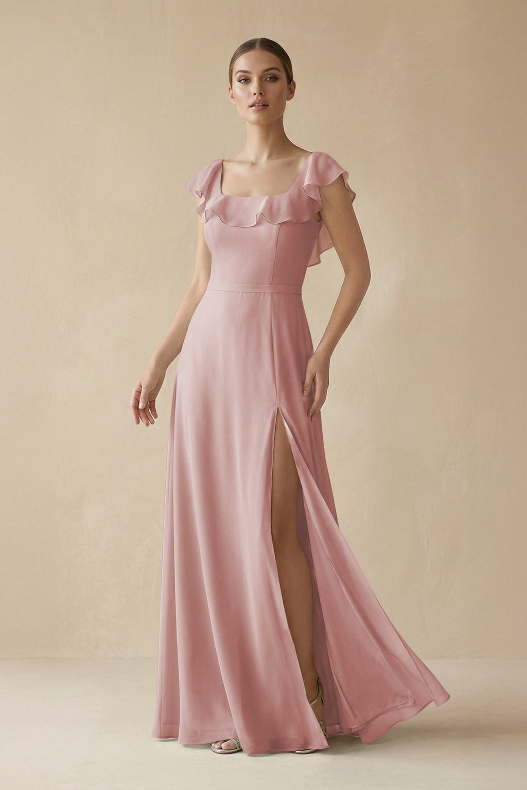 Square Neck A - Line Bridesmaid Dress with Ruffles in Dusty Rose - SHE IS ME Bridesmaid Dresses
