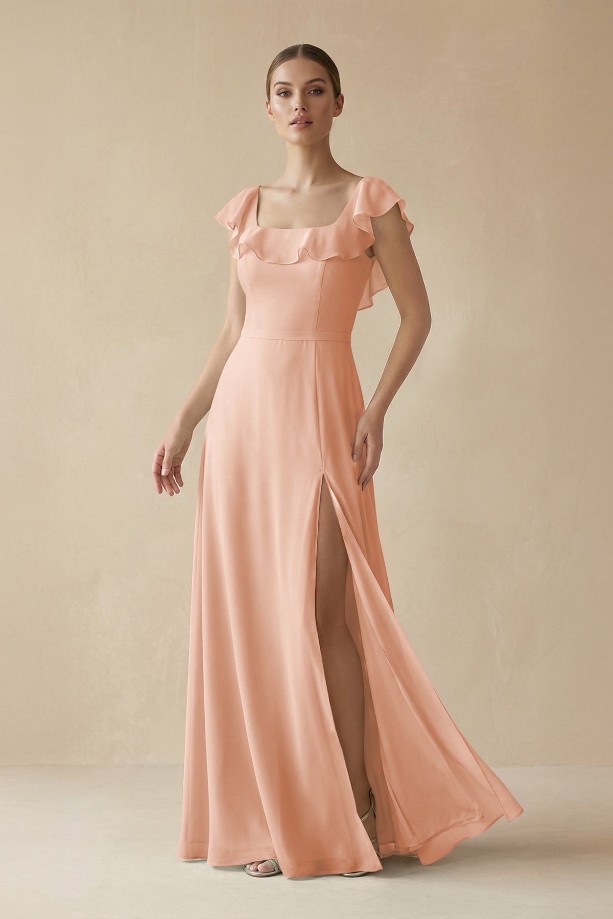 Square Neck A - Line Bridesmaid Dress with Ruffles in English Rose - SHE IS ME Bridesmaid Dresses