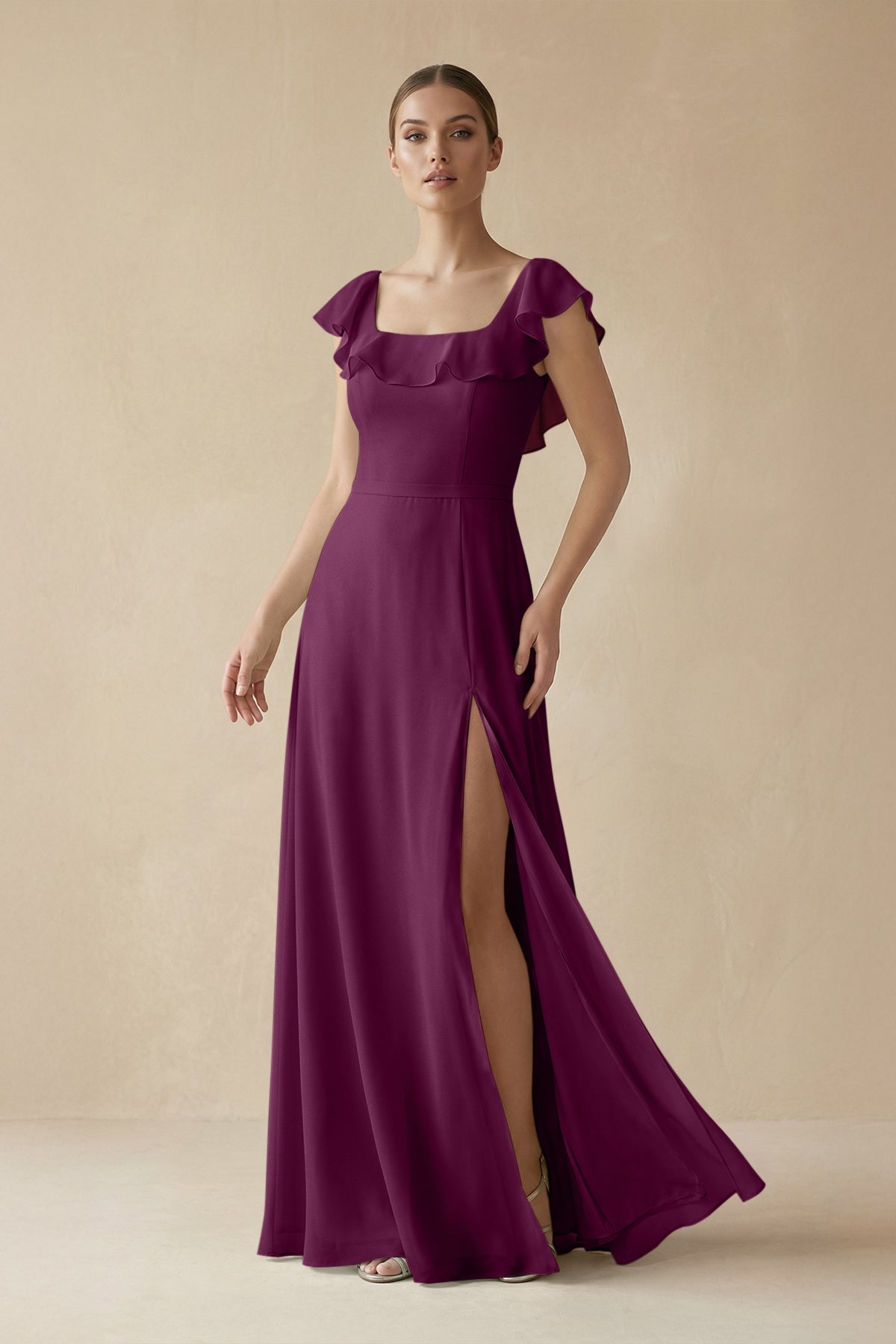 Square Neck A - Line Bridesmaid Dress with Ruffles in Fig - SHE IS ME Bridesmaid Dresses