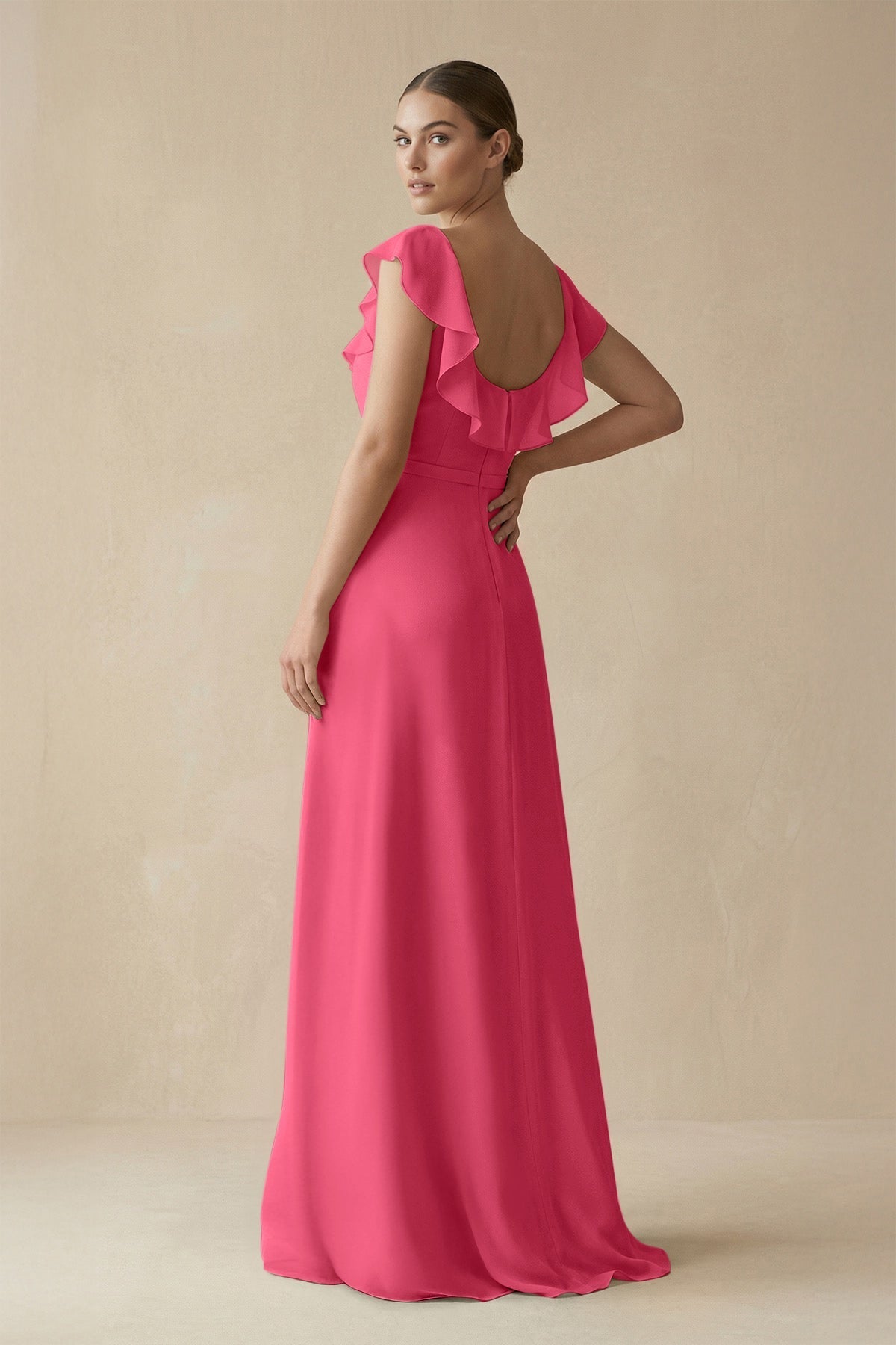 Square Neck A - Line Bridesmaid Dress with Ruffles in Fuchsia - SHE IS ME Bridesmaid Dresses