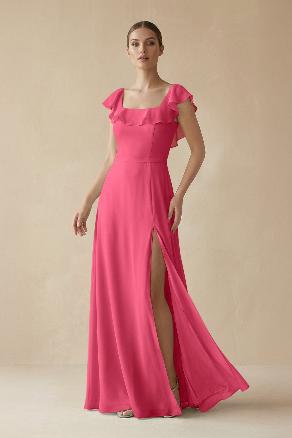 Square Neck A - Line Bridesmaid Dress with Ruffles in Fuchsia - SHE IS ME Bridesmaid Dresses
