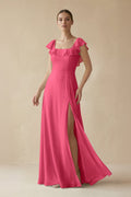 Square Neck A - Line Bridesmaid Dress with Ruffles in Fuchsia - SHE IS ME Bridesmaid Dresses