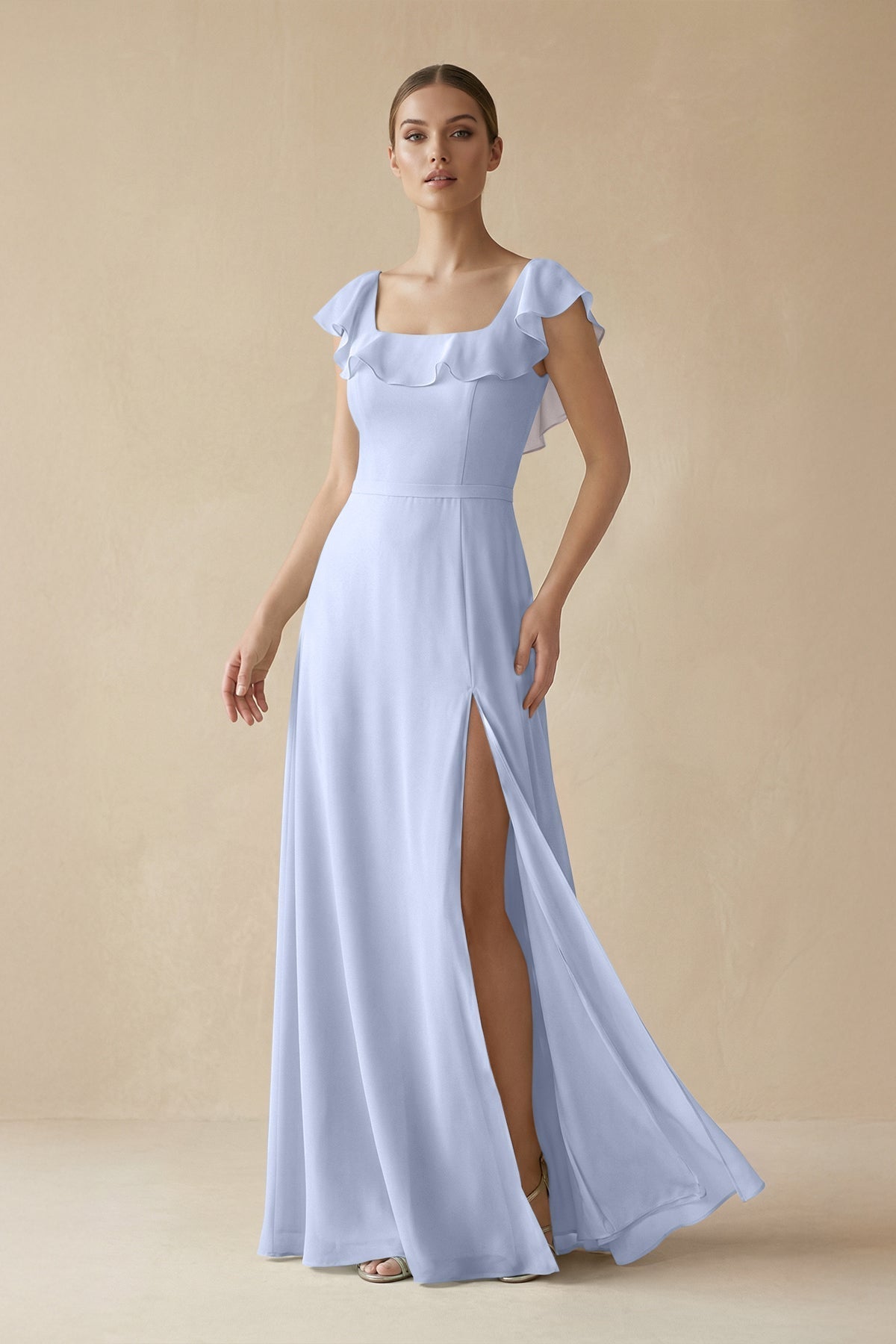 Square Neck A - Line Bridesmaid Dress with Ruffles in Ice - SHE IS ME Bridesmaid Dresses