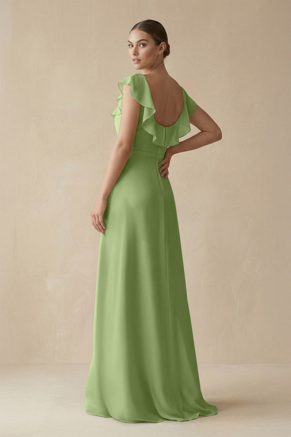 Square Neck A - Line Bridesmaid Dress with Ruffles in Matcha - SHE IS ME Bridesmaid Dresses