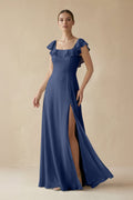 Square Neck A - Line Bridesmaid Dress with Ruffles in Navy - SHE IS ME Bridesmaid Dresses