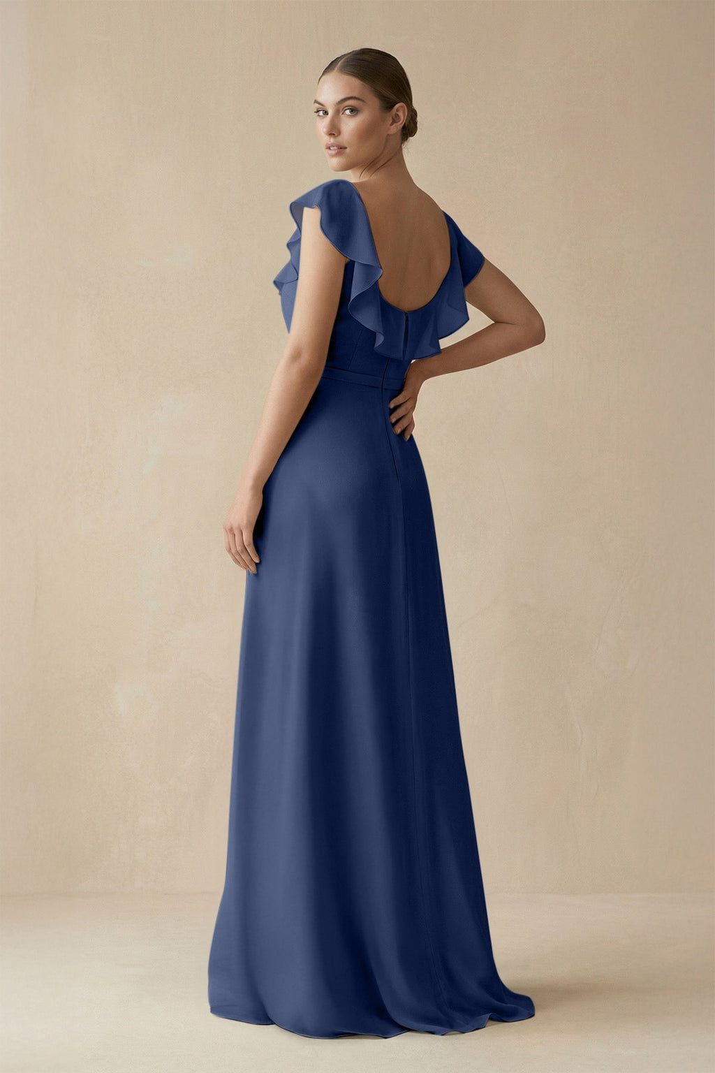 Square Neck A - Line Bridesmaid Dress with Ruffles in Navy - SHE IS ME Bridesmaid Dresses