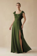 Square Neck A - Line Bridesmaid Dress with Ruffles in Olive - SHE IS ME Bridesmaid Dresses