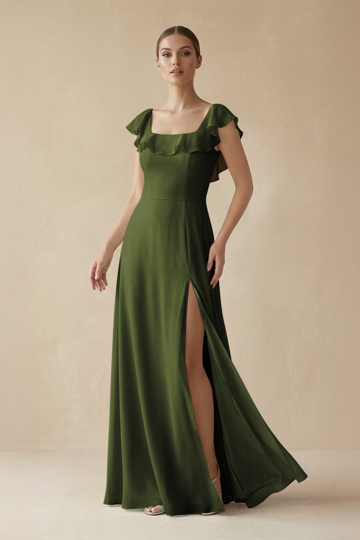 Square Neck A - Line Bridesmaid Dress with Ruffles in Olive - SHE IS ME Bridesmaid Dresses