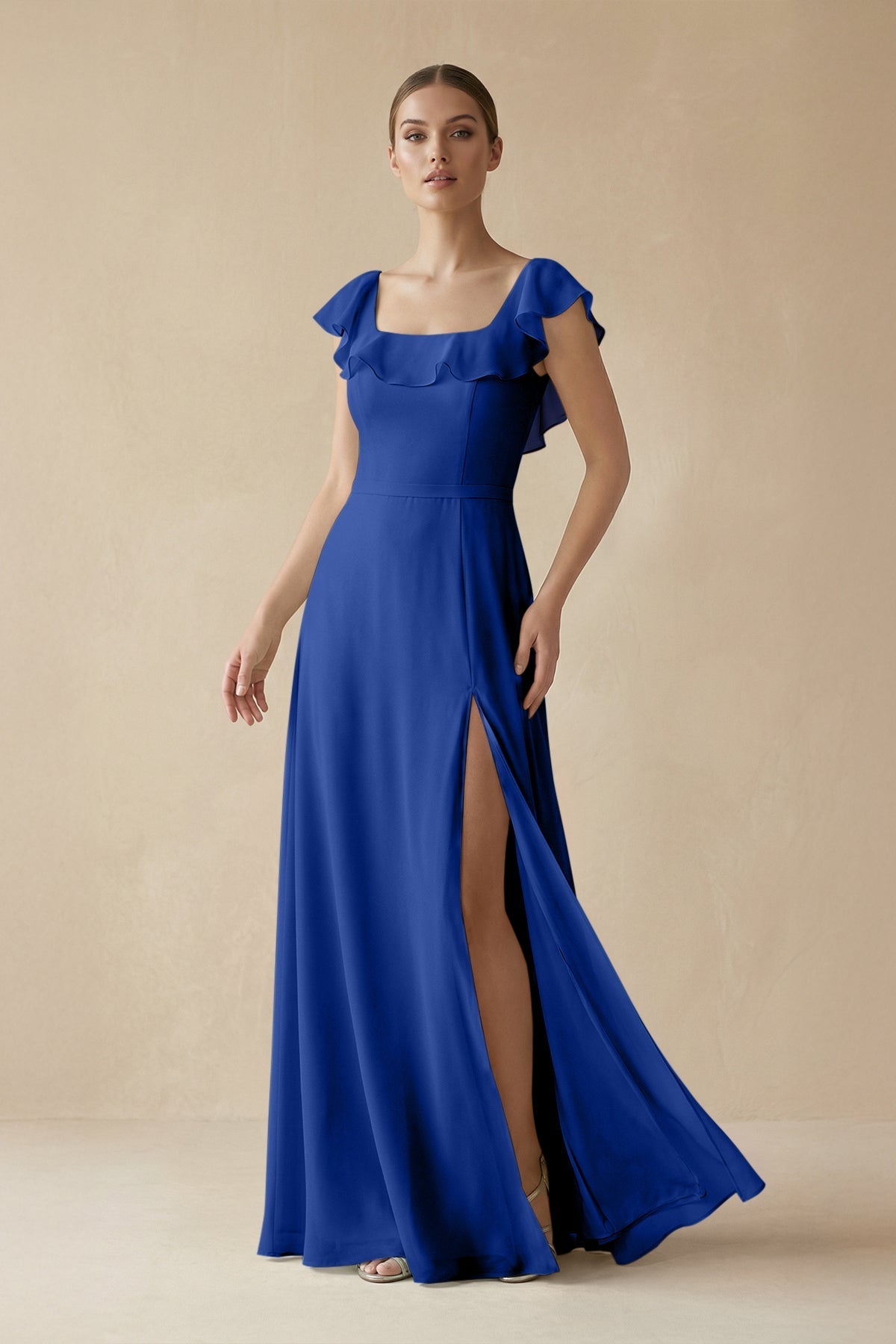 Square Neck A - Line Bridesmaid Dress with Ruffles in Royal Blue - SHE IS ME Bridesmaid Dresses
