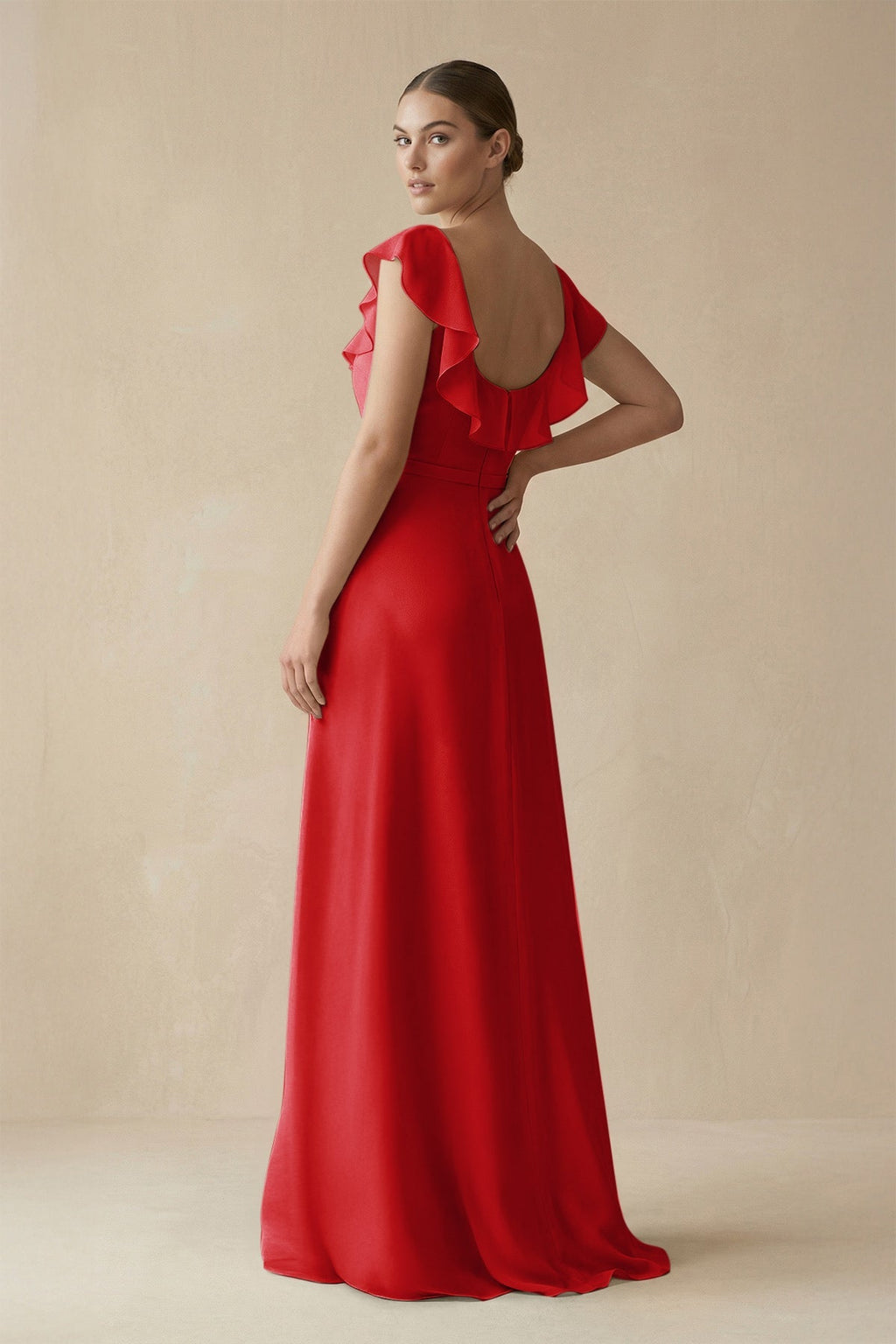 Square Neck A - Line Bridesmaid Dress with Ruffles in Ruby Red - SHE IS ME Bridesmaid Dresses