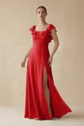 Square Neck A - Line Bridesmaid Dress with Ruffles in Ruby Red - SHE IS ME Bridesmaid Dresses
