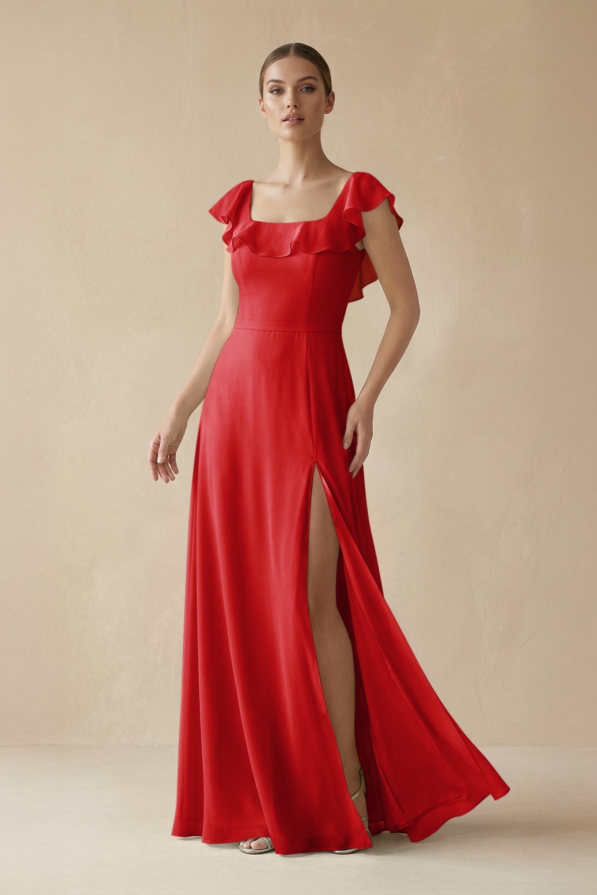 Square Neck A - Line Bridesmaid Dress with Ruffles in Ruby Red - SHE IS ME Bridesmaid Dresses