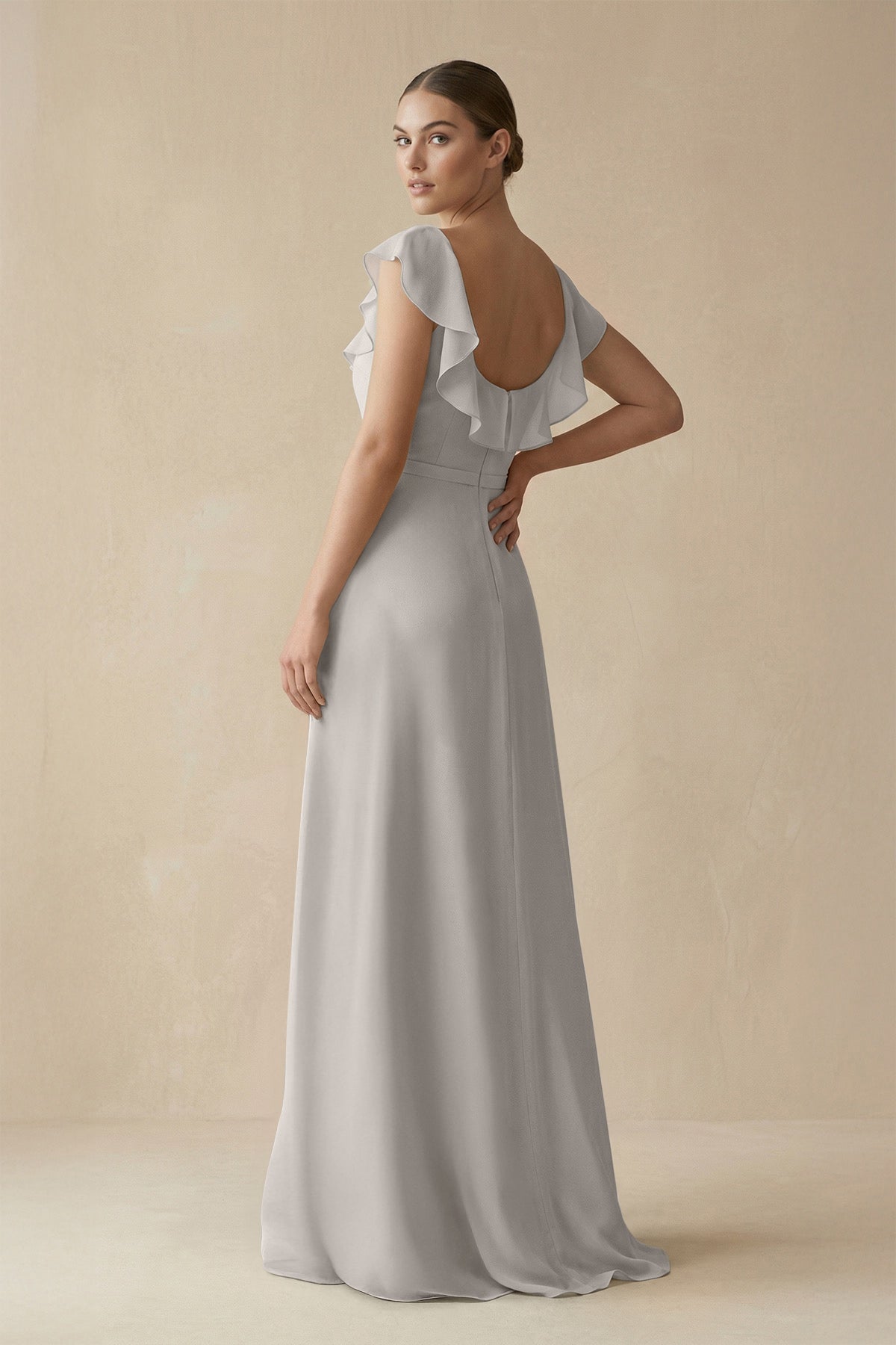 Square Neck A - Line Bridesmaid Dress with Ruffles in Silver - SHE IS ME Bridesmaid Dresses