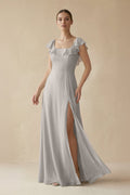 Square Neck A - Line Bridesmaid Dress with Ruffles in Silver - SHE IS ME Bridesmaid Dresses