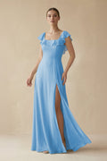 Square Neck A - Line Bridesmaid Dress with Ruffles in Steel Blue - SHE IS ME Bridesmaid Dresses