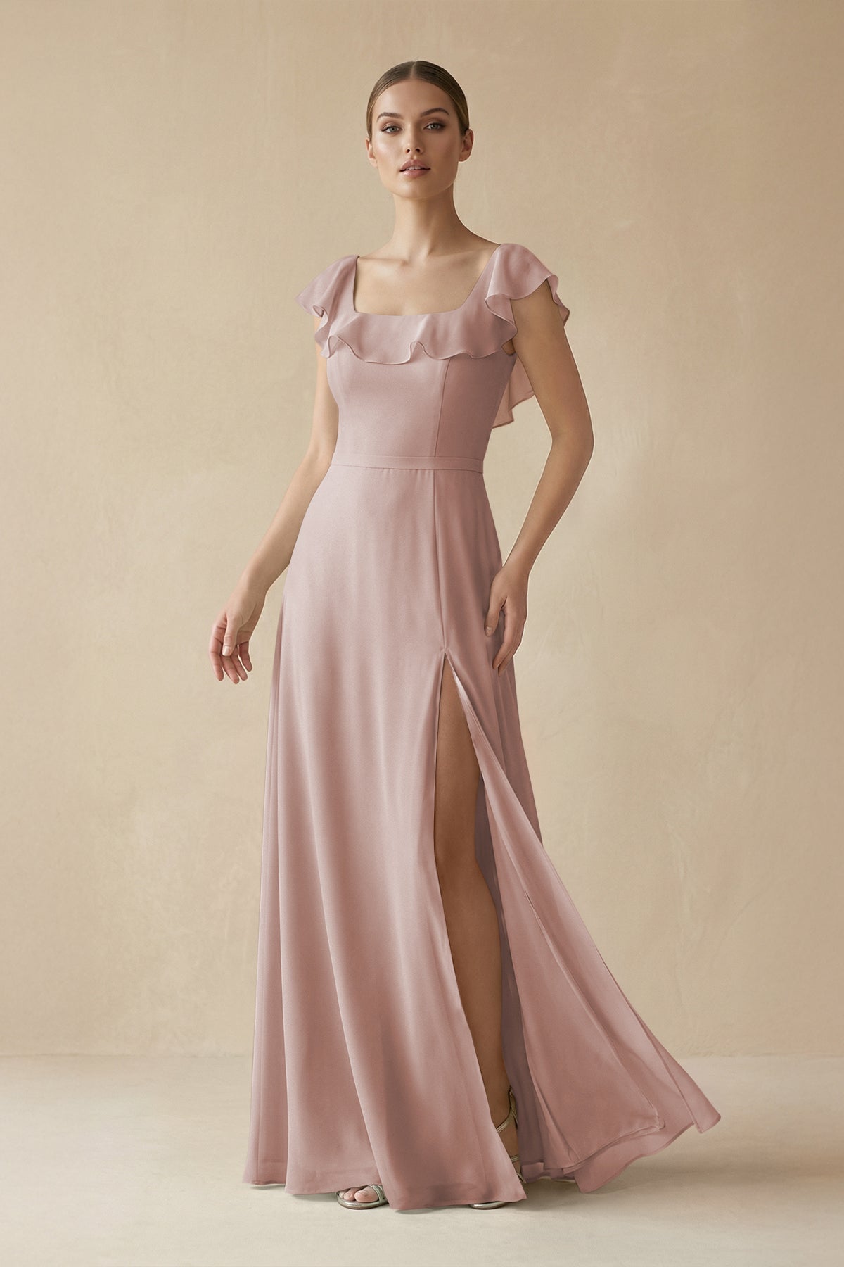 Square Neck A - Line Bridesmaid Dress with Ruffles in Toffee - SHE IS ME Bridesmaid Dresses
