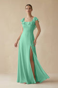 Square Neck A - Line Bridesmaid Dress with Ruffles in Turquoise - SHE IS ME Bridesmaid Dresses