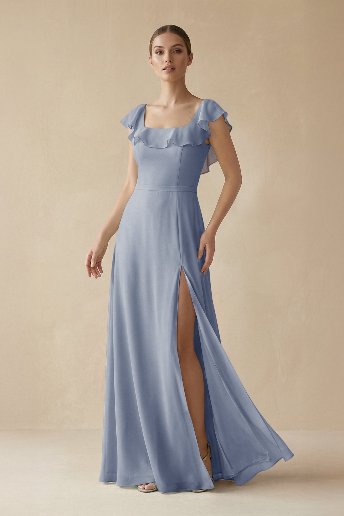 Square Neck A - Line Bridesmaid Dress with Ruffles in Twilight - SHE IS ME Bridesmaid Dresses