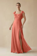 Square Neck A - Line Bridesmaid Dress with Ruffles in Wild Rose - SHE IS ME Bridesmaid Dresses