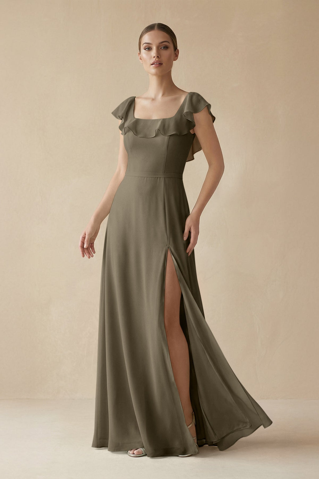 Square Neck A - Line Bridesmaid Dress with Ruffles in Willow Green - SHE IS ME Bridesmaid Dresses