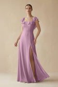 Square Neck A - Line Bridesmaid Dress with Ruffles in Wisteria - SHE IS ME Bridesmaid Dresses