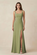 Square Neck A-Line Bridesmaid Dress With Slit in Moss Green - SHE IS ME BRIDESMAID DRESSES
