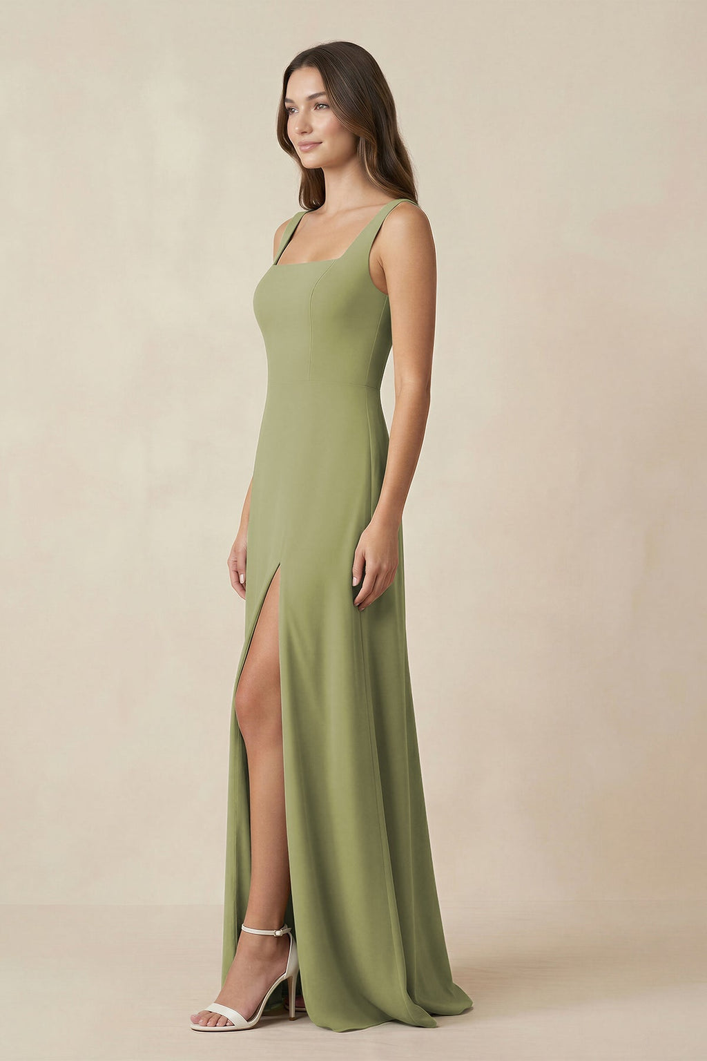 Square Neck A-Line Bridesmaid Dress With Slit in Moss Green - SHE IS ME BRIDESMAID DRESSES