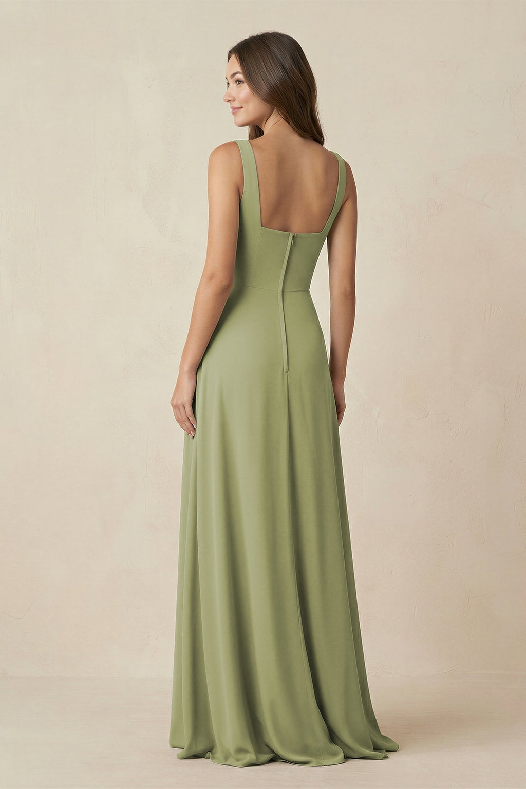 Square Neck A-Line Bridesmaid Dress With Slit in Moss Green - SHE IS ME BRIDESMAID DRESSES