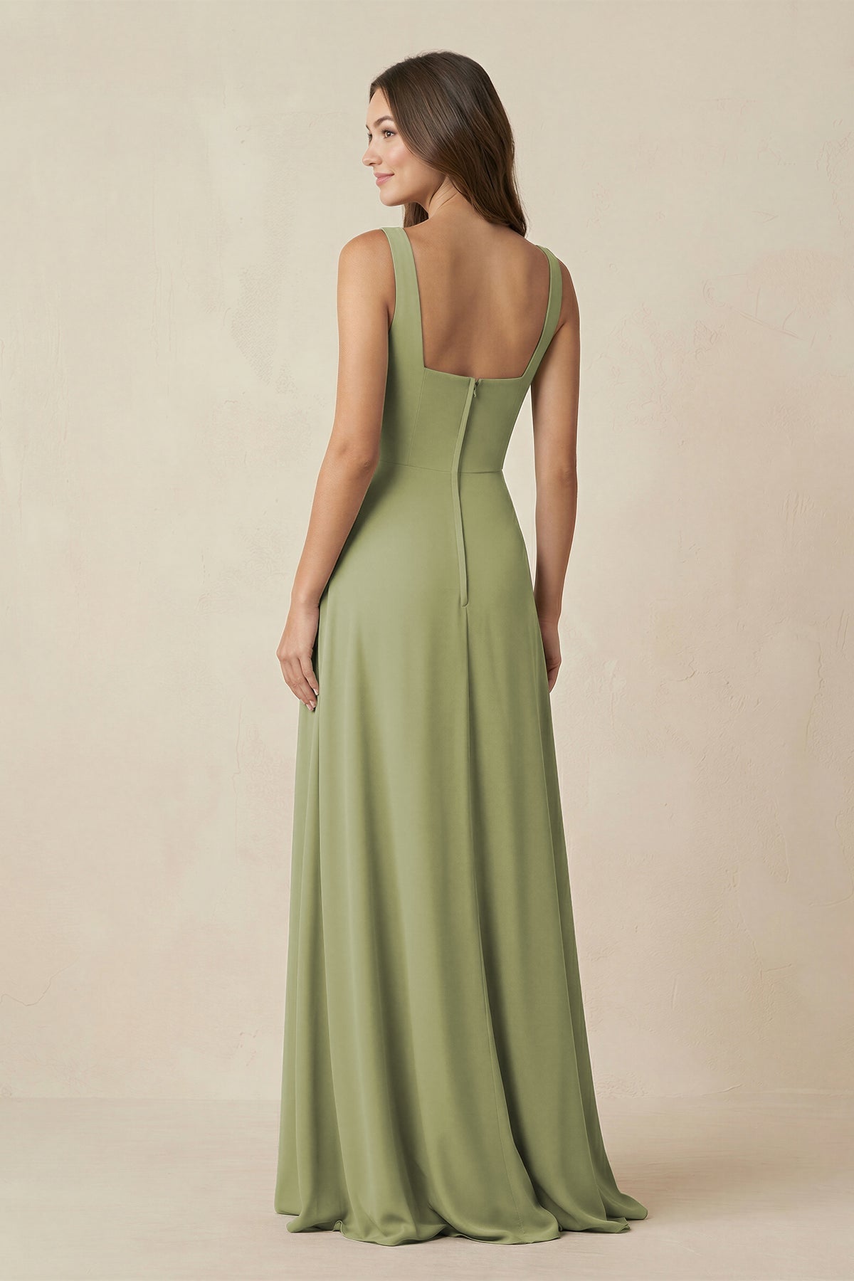Square Neck A-Line Bridesmaid Dress With Slit in Moss Green - SHE IS ME BRIDESMAID DRESSES