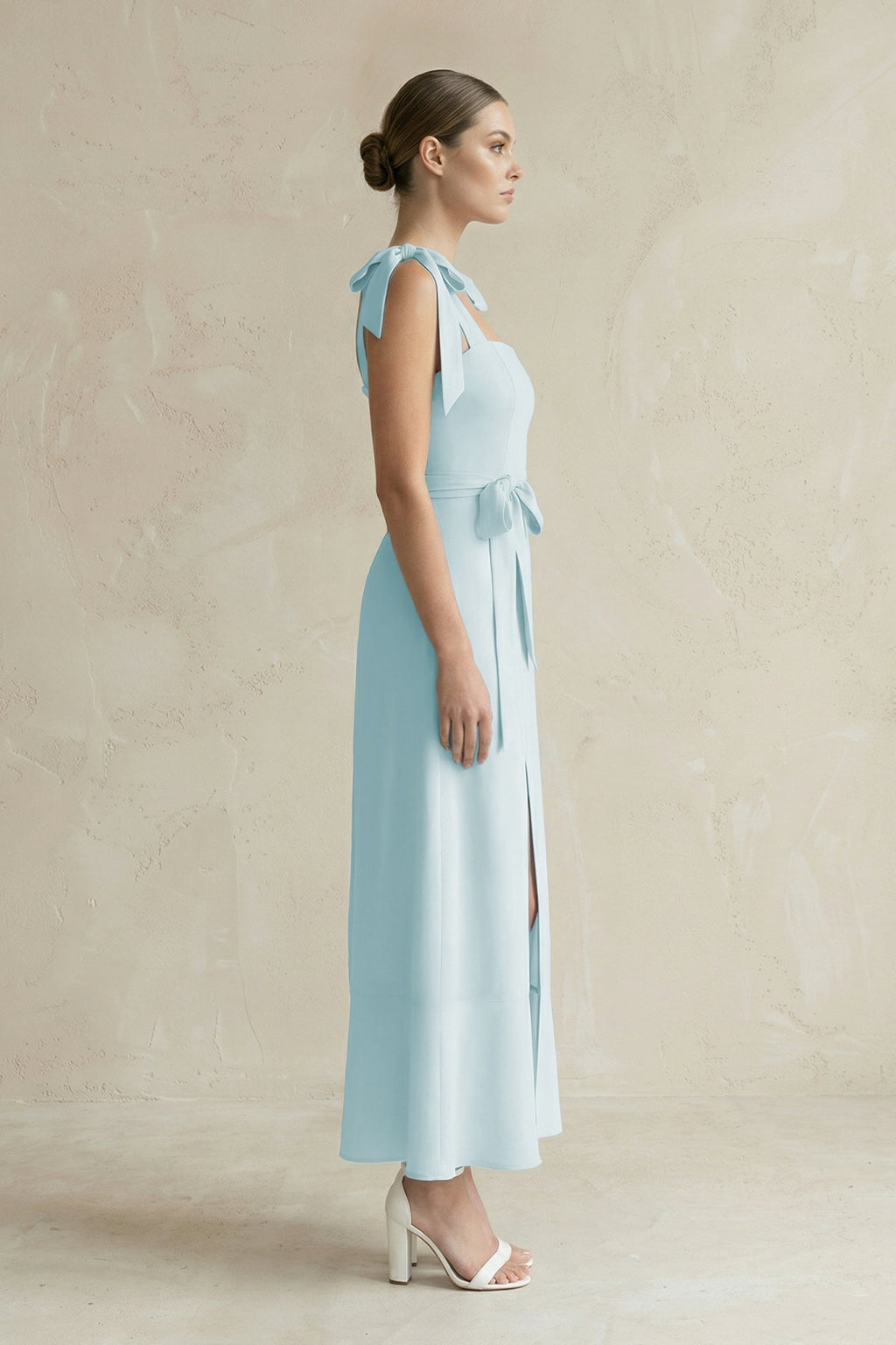 Square Neck A - Line Chiffon Midi Bridesmaid Dress with Bow in Sky Blue - SHE IS ME Bridesmaid Dresses